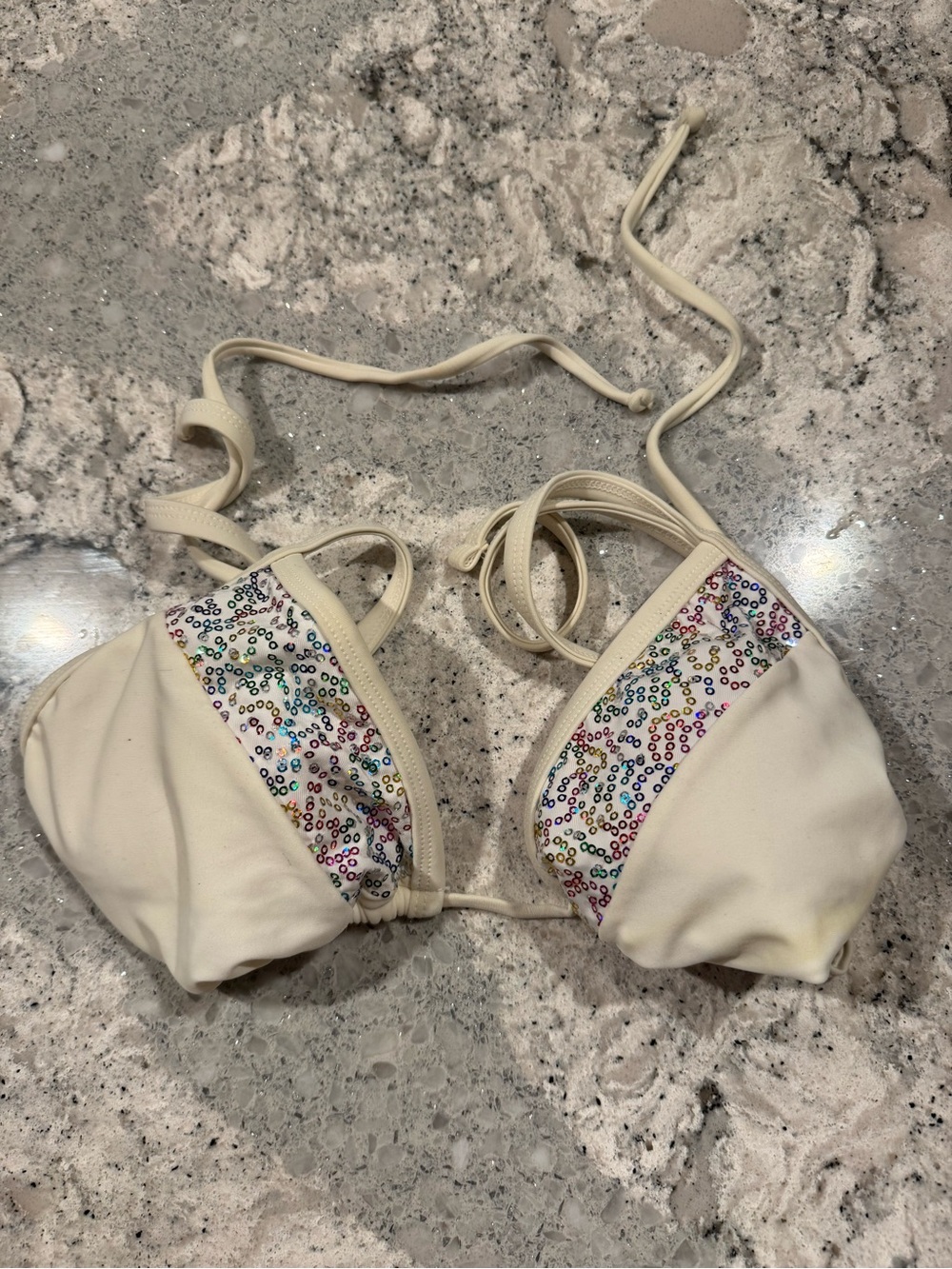 Xhilaration Off White Triangle Bikini Top with Multicolor Sequin Panels
